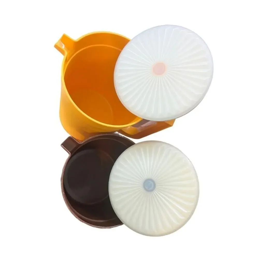 Vintage Yellow Apricot Tupperware 2 Quart Brown 1.5 qt Pitchers Push Button Lids